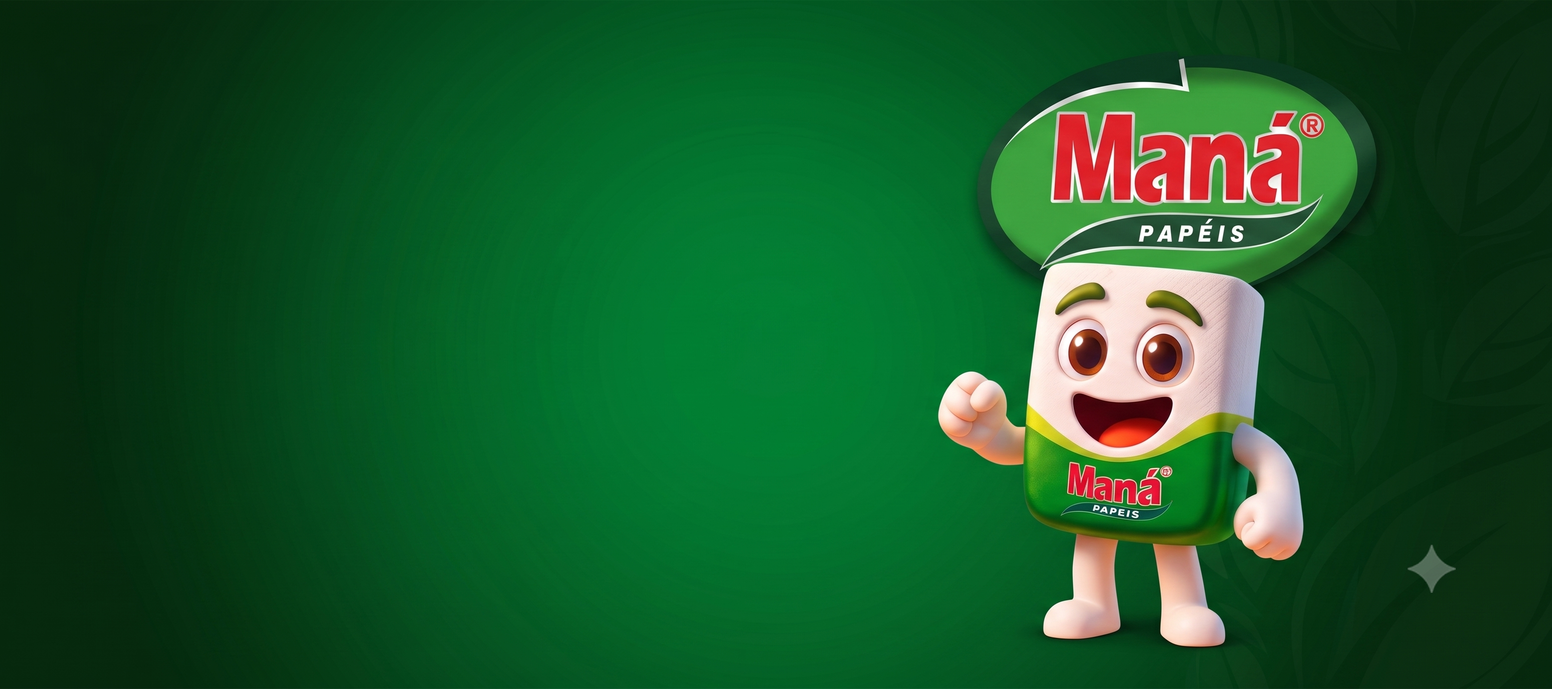 Linha de produtos Maná Papéis: papel higiênico ultra macio nos packs de 6, 12 e 24 rolos com o mascote Maná